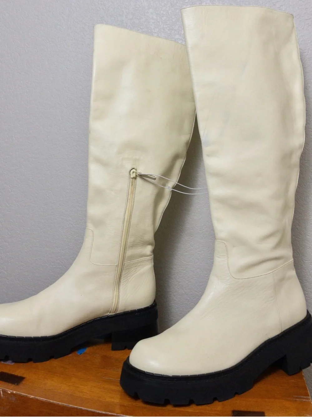 NWT By FAR Russel Lamb Leather Knee High Boot Ivory Chunky Lug Platform Size 38